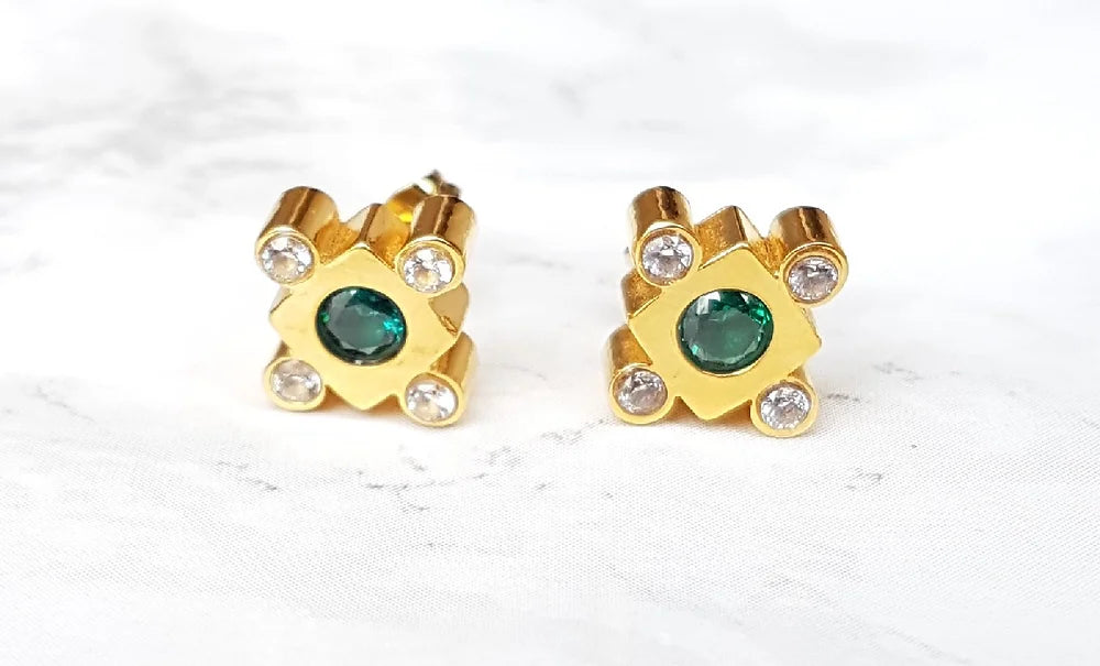Lily crystal studs- Gold & Green