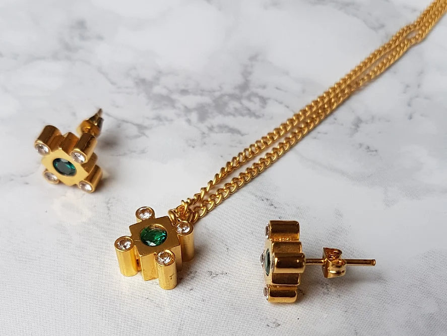 Lily crystal studs- Gold & Green