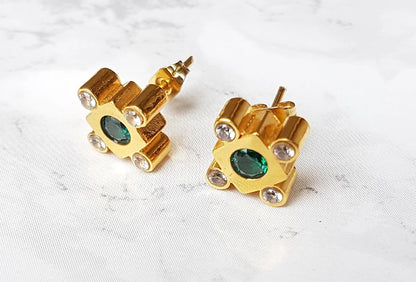 Lily crystal studs- Gold & Green