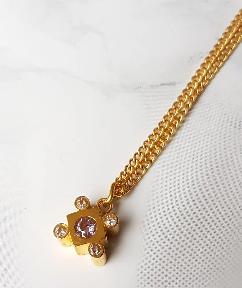Lily crystal square necklace- Gold & Pink
