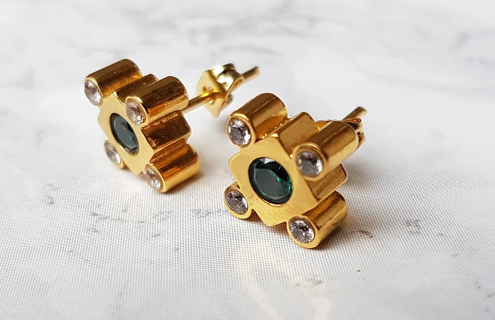 Lily crystal studs- Gold & Green